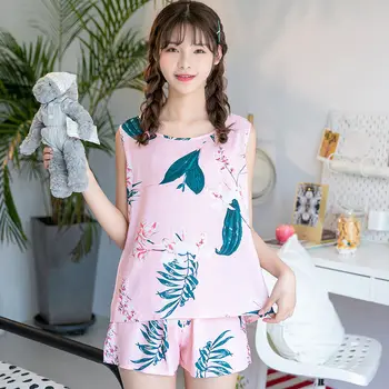 

new Pajamas female summer cotton silk cute two-piece shorts sleeveless vest tops fashion girls home clothes suit pyjama femme