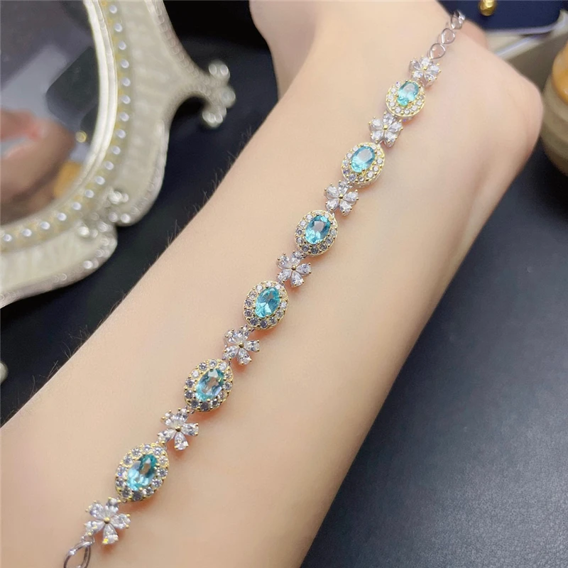 

WEAINY Natural Apatite Bracelet Exquisite Flower Style S925 Silver Bracelet Natural Gem with Certificate