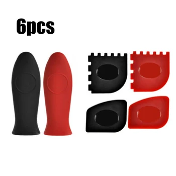 

6 Pcs Durable Grill Pan Scrapers Silicone Hot Handle Holder Lodge Cast Iron Kitchen Cookware Accessories Gadgets Cooking Tools