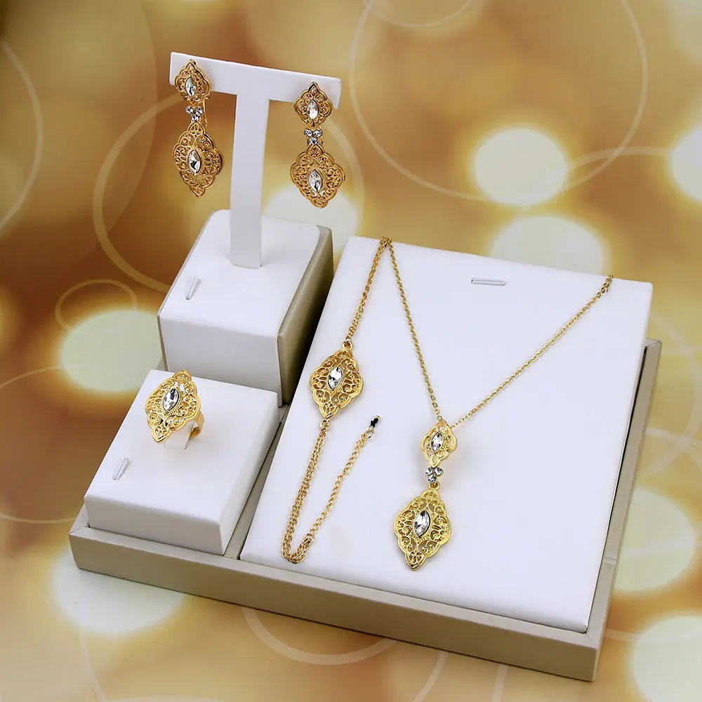 Sunspicems Fashion Algerian Moroccan Caftan Jewelry Set for Women Gold Color Wedding Earring Necklace Bracelet Ring 4pcs Bijoux - Image 4