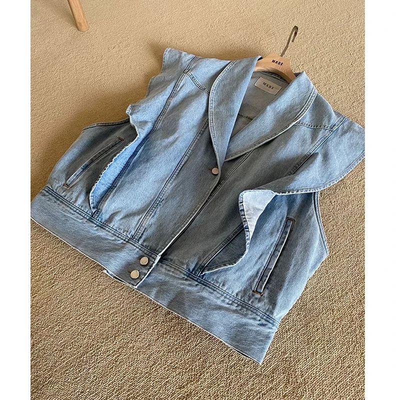 Harajuku Ruffles Oversize Denim Jacket Fashion Sleeveless Large Size Vest Tops Chic Streetwear Jeans Coat Single Breasted Jacket