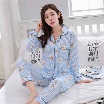

2020 Autumn Cotton Striped Pajamas Sets For Women Long Sleeve Pyjama Cute Girls Cartoon Homewear Femme Lounge Wear Home Clothing