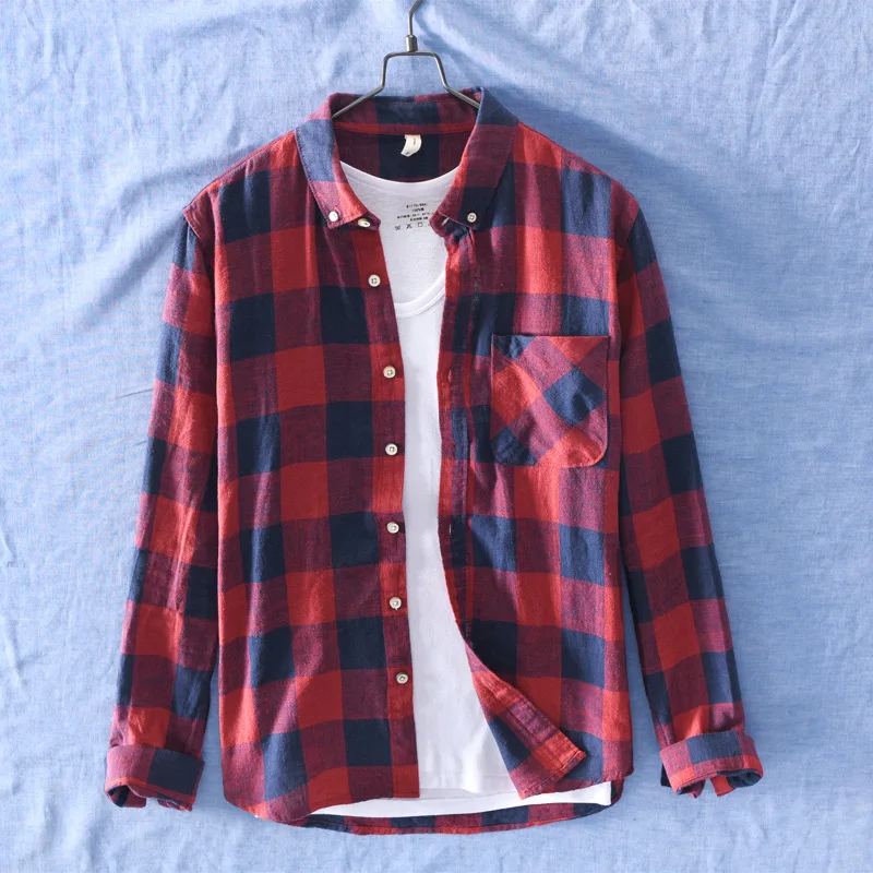

759-Men Cotton Linen Casual Plaid Shirt