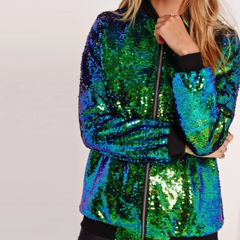

Spring Autumn Women Sequin Coat Green Bomber Jacket Long Sleeve Zipper Streetwear Tunic Loose Casual Basic Lady Outwear