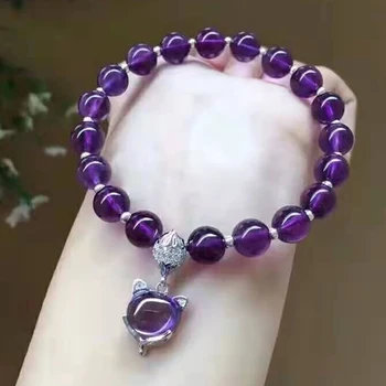 

Purple Natural Crystal Bracelets Round Beads Elasticity line With Fox Pendant Beauty Bracelets For Women Evil spirit Jewelry
