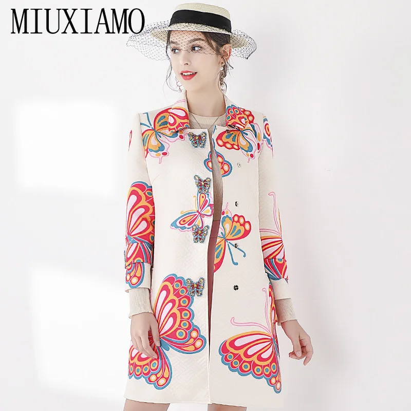 

MIUXIMAO Newest 2019 Runway Fall Winter Jacket Women Butterfly Covered Button Diamonds Butterfly Print Overcoat Vestidos