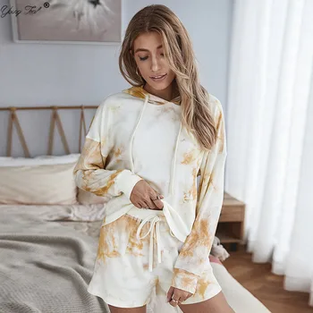 

Women Casual Tie Dye Print Jumpsuits Autumn Fashion Wide legs Long Sleeve Hoodie Shorts Matching Playsuits Outfits Lady Jumpsuit
