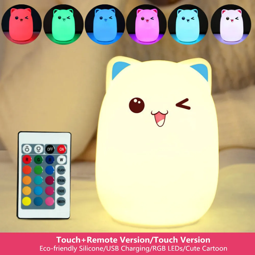 

Touch Sensor Cat LED Night Light Remote Control RGB LED Table Lamp Cartoon Silicone USB Bedroom Lamp for Children Kids Baby Gift