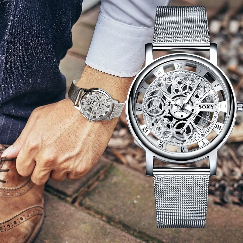 Mens Fashion Hollow Watches Men Business Watch Male Stainless Steel Mesh Belt Skeleton Quartz Wrist Watch relogio masculino 3