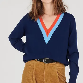 

Autumn Winter Fashion Blue Cashmere Wool Hooded Pullover Sweater Women Female Blue Red Striped V Neck Knitwear Sweater