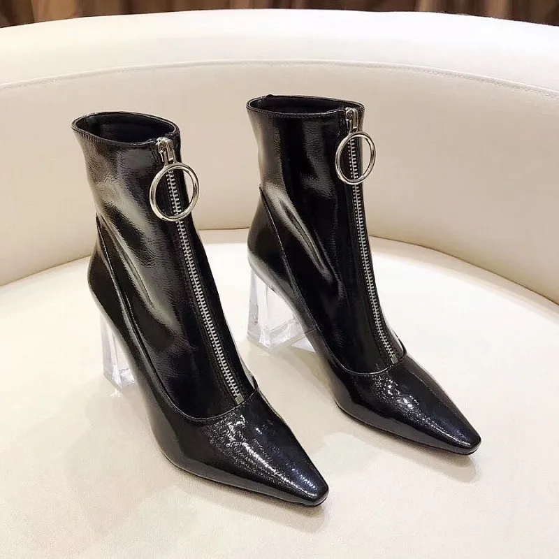 Botas Mujer/зима г.; Прозрачные ботинки на высоком каблуке; женские ботильоны для женщин из лакированной кожи; Botas Feminina; пикантная женская обувь; Damskie