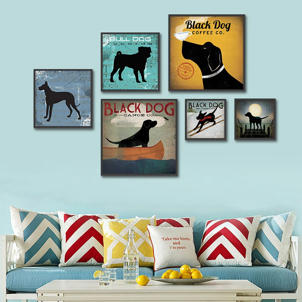 Black Dog Posters and Prints Boat Moon Animals Pet Wall Art Retro