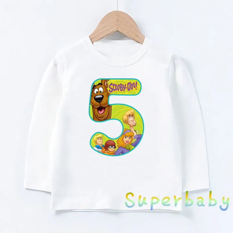Свечи "Happy Birthday" для торта Скуби-номер 1-9 лет, футболка с принтом для маленьких мальчиков и девочек со смешными героями из мультфильмов, топы, Детская футболка с длинными рукавами, LKP2427 - Цвет: LKP2427-E