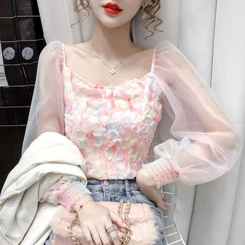 

COIGARSAM Floral blouse women New Lace Square Collar blusas womens tops and blouses Pink Blue 3098