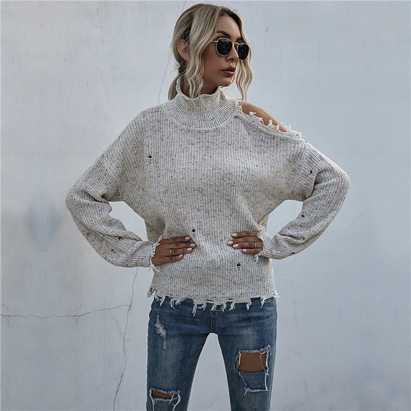 

Turtleneck Knitted Sweater Ins Hole Hollow Design Long-sleeved Retro Distressed Women's Sweater Fashion Trend Wear