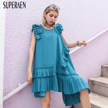 

SuperAen Sweet Sleeveless Dress Female Summer New 2020 Pluz Size Solid Color Ladies Dress Fashion Casual Irregular Women Clothes