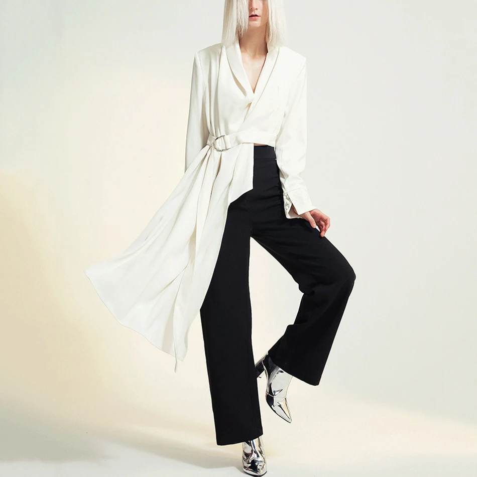 Winter Winter New V-Neck Long-Sleeved White Button Belt Solid Color Irregular Shirt Blouse Fashion Tide