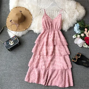 

Sexy V-neck Strapless Pleated Midi Dress Women 2020 Summer Elegant Layer Ruffles Tassel Dress Pink White Boho Chic Dress New