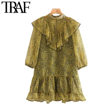 

TRAF Women Chic Fashion Leopard Print Ruffled Mini Dress Vintage Half Sleeve Animal Pattern Female Dresses Vestidos
