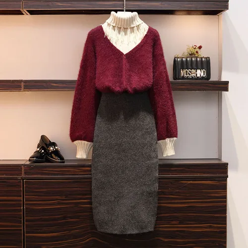 

Plus Size 4XL Knit Tassel Turtleneck Long Sleeve Jumper Sweaters Tops+Elastic High Waist Skirts Women Autumn Winter 2PCS Sets