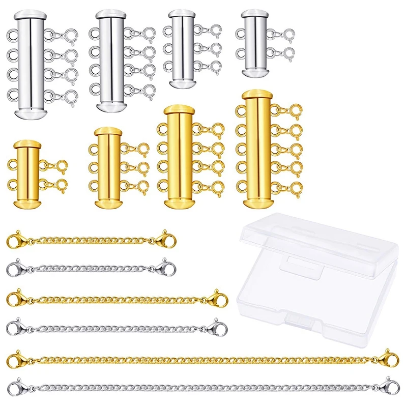 

14 Pieces 4 Sizes Slide Magnetic Clasp Connectors Tube Multi Strands Clasps and Necklace Bracelet Chain Extenders with Storage B