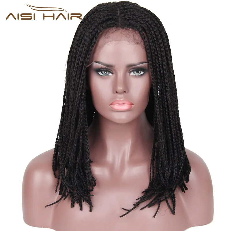 

AISI HAIR 16inches Black Lace Front Wig Middle Part Braid Wig Heat Resistant Fiber Synthetic Wigs for Black Women Cosplay Women