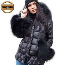 Fandy lokar, утиный пух, куртки, женские, зимние, теплые, настоящий, большой мех енота, с капюшоном, пальто, женское, настоящий мех кролика, пуховик