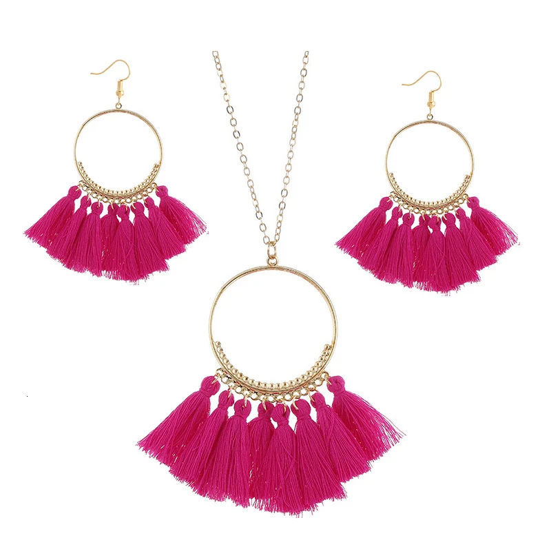 cjh027 Christmas Hoops Tassle Tassel Earrings Necklace Set Drop Fringe   Necklace Set