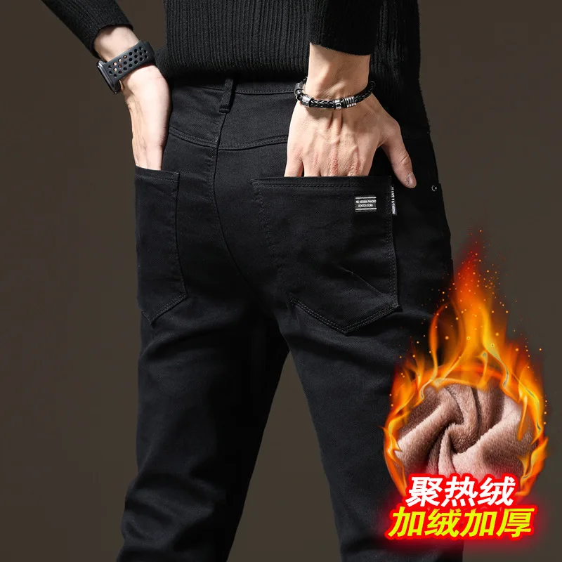 

2019 Autumn And Winter New Style plus Velvet Thick Black Jeans Men's Popular Brand Elasticity Slim Fit Pants Pants Men'S Wear
