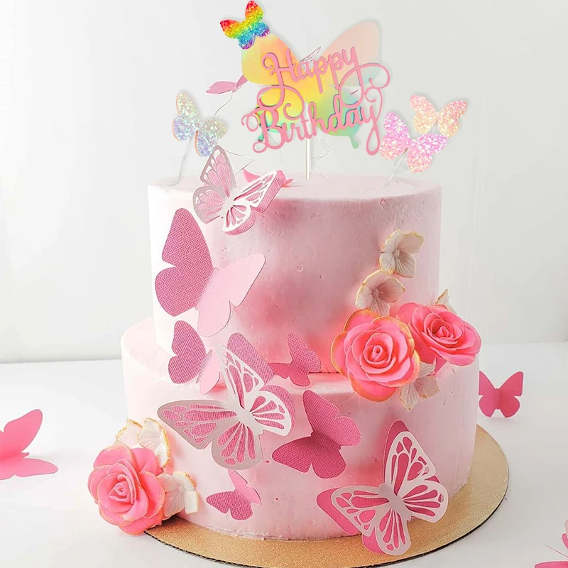 Decoration De Gateau D Anniversaire Pour Bebe Fille Ensemble De Decoration De Fete D Anniversaire Rose En Forme De Papillon Aliexpress