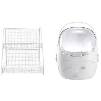 

Clamshell 3 Drawer Dressing Table Rounded Makeup Holder White & Double Layers Rack Metal Kitchen Bedroom Desk White