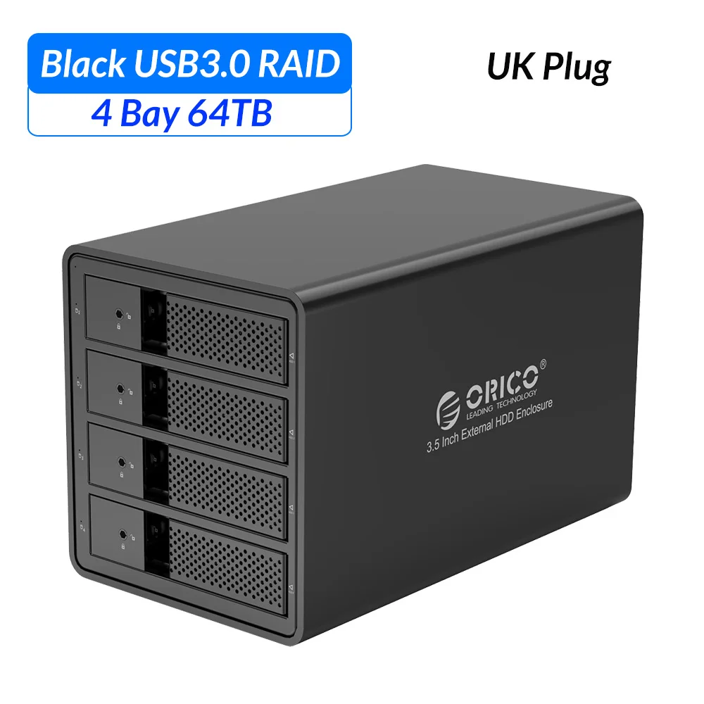 Док-станция ORICO 4 Bay 3,5 ''USB3.0 HDD с поддержкой Raid 64 ТБ UASP с 150W внутренним адаптером питания алюминиевый SATA для USB - Цвет: Black UK Plug