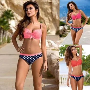 

2019 solid color multicolor pleated bowknot polka dot sexy wind split bikini