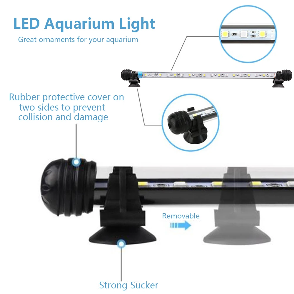 Waterproof Aquarium LED Lamp Light Fish Tank Lamp Submersible Light White and Blue Lighting USplug 18/28/37/48/57/62/71/92/112cm