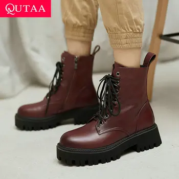 

QUTAA 2021 Round Toe Antiskid Ankle Boots Autumn Winter Cow Leather Women Shoes Lace Up Zipper Women Short Boots Size 35-40