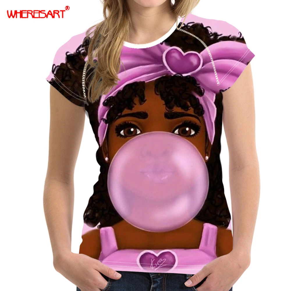 

WHEREISART T Shirts For Women Blow Bubbles Girls Tshirt Adults t-Shirt African Black Girl Tees Shirt Short Sleeve O-Neck Tops