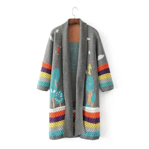 Light Grey Осень и зима выдолбленный вязаный длинный свитер Кардиган Куртка женское Свободное пальто - Цвет: Light Grey