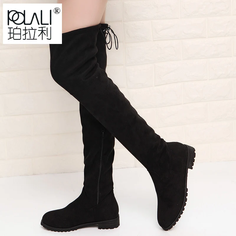 POLALI-Botas altas hasta el muslo para mujer, botas por encima de la rodilla, zapatos planos elásticos sexys de moda, color negro, 2019
