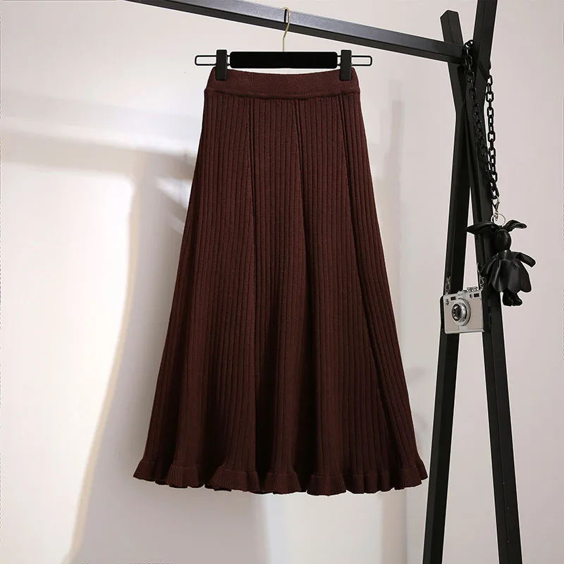Женская вязаная юбка, Женская Осенняя зимняя Новинка, Корейская длинная юбка трапециевидной формы с высокой талией и рюшами, однотонная вязаная юбка для офисных леди ML277