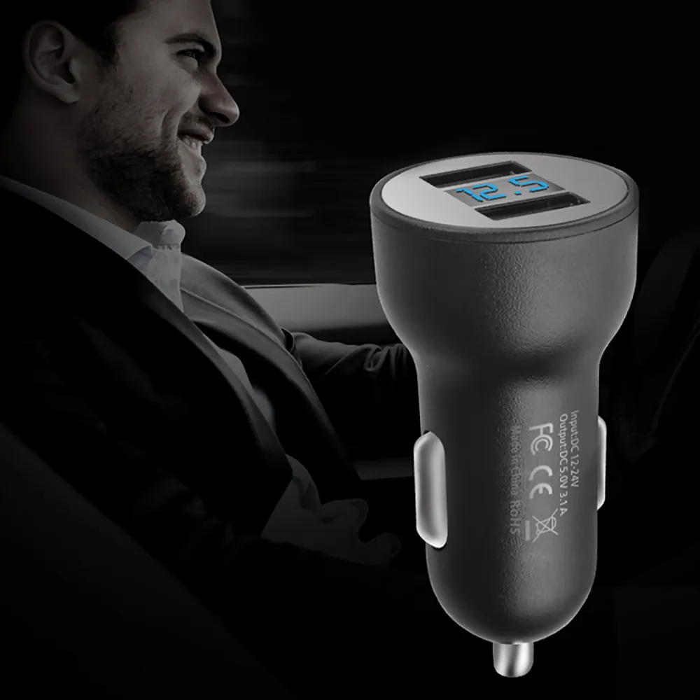 

kongyide Car Charger Mini Fast Charger Dual USB Car Phone Charger 5V 3.1A With LED Display Dual Universal Phone Charger