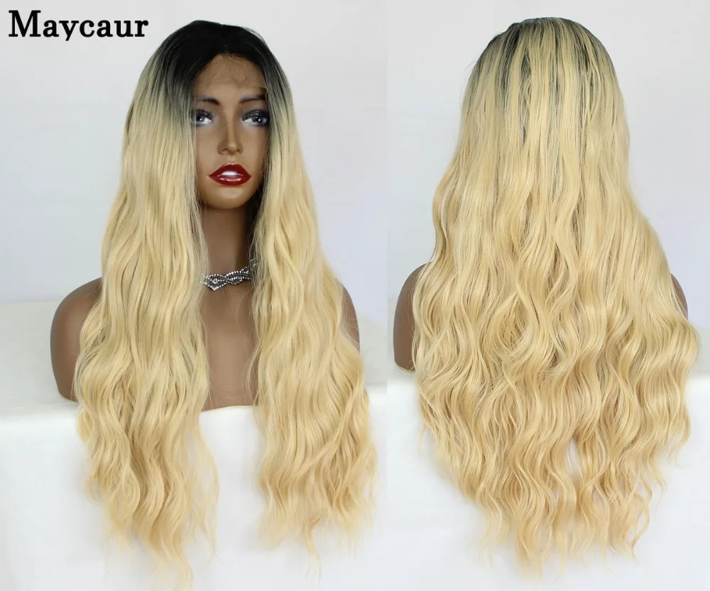 Maycaur свободные волнистые волосы синтетические парики на кружеве Омбре блонд с волосами младенца Glueless термостойкие волокна парик для женщин