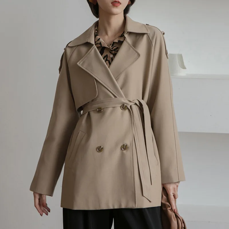 

LANMREM 2020 Spring New Fashion Solid Color Lapel Double-breasted Straight Through Short Windbreaker Women PB717