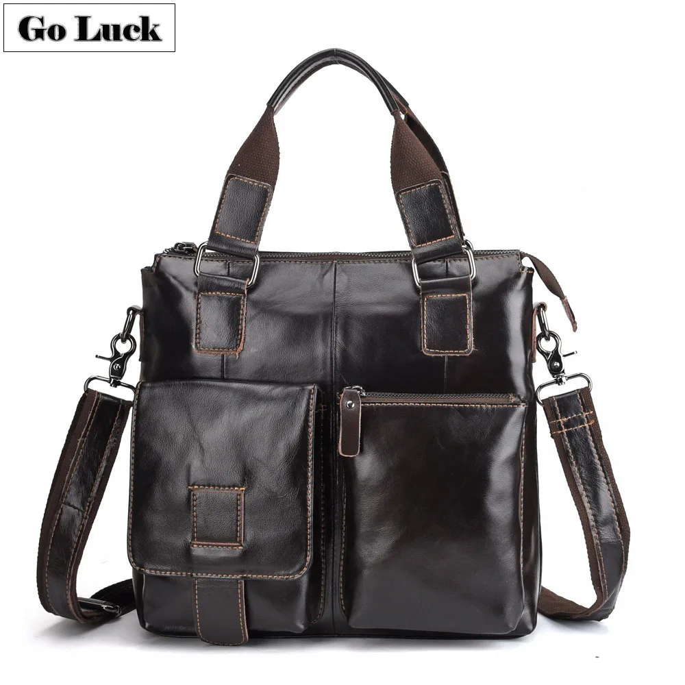 

Genuine Leather Business Handbag A4 File Ipad Briefcase Men Crossbody Shoulder Bag Men's Messenger Bags Dark Coffee