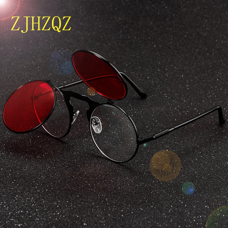 Fashion Flip Up Sunglasses Steampunk Vintage Retro Style Spring Legs Clamshell Double Black Red Small Round Lens Eyewears Oculos