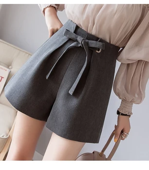 

2020 Spring Summer New Women Shorts Korean Elegant Lace-Up High Waist Wide Leg Shorts Black/Gray Casual Shorts Woman