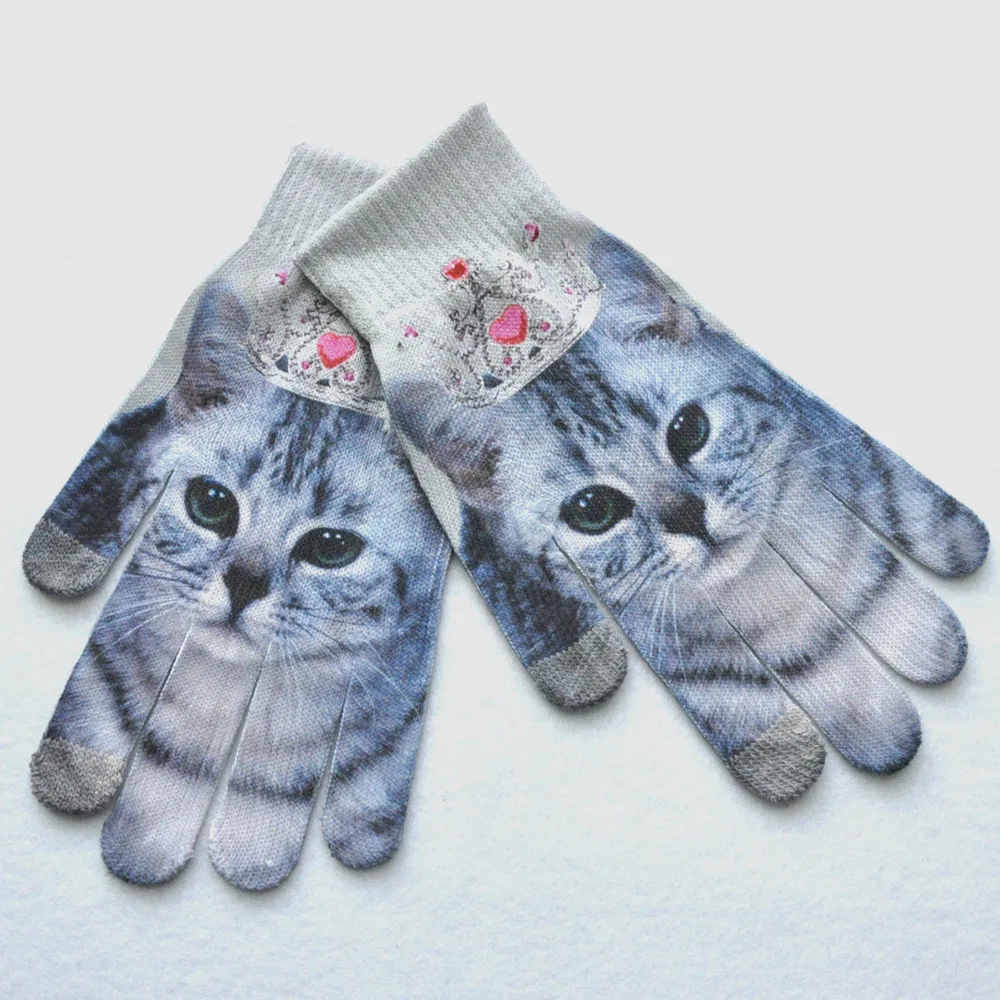 

Women Winter Gloves Warm 3D Cat Print Knitted Phone Screen Kitty Pet Cute Motorcycle Cycling Riding Gloves guantes handschoenen