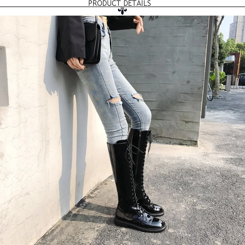 EGONERY/кожаные сапоги до колена женская обувь модные осенне-зимние сапоги для верховой езды на шнуровке синего, бежевого и черного цвета размеры 34-39 CN, Прямая поставка