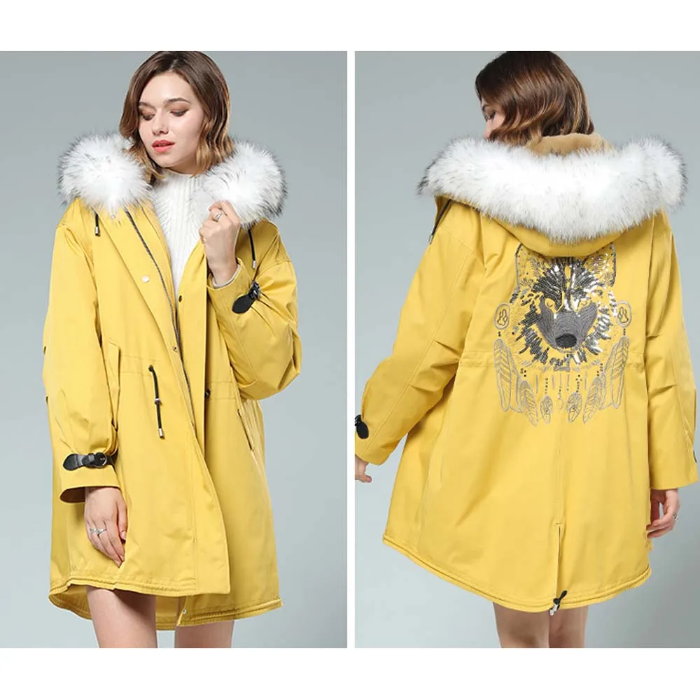 69158 Yellow SANI/ новые меховые парки, одежда с подкладкой енотовидная собака, меховые парки с капюшоном, модная одежда для девочек - Цвет: 69158 Yellow