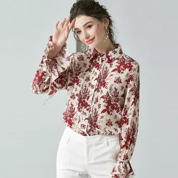 

Blouse Women Silk Shirt 2020 Spring Fashion Printed Flare Sleeve Turndown collar Long sleeve Single Breasted Women Tops S-XL