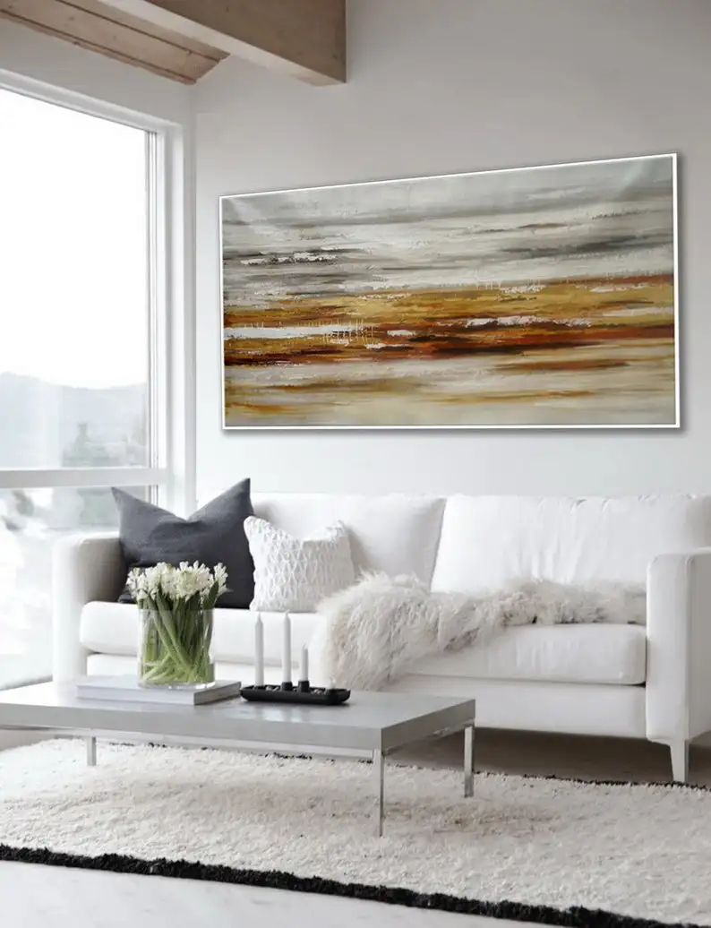 

Large Wall Art Minimalist Contemporary Modern Neutral Color Panoramic Canvas Horizontal Minimal Abstract Acrylic Painting